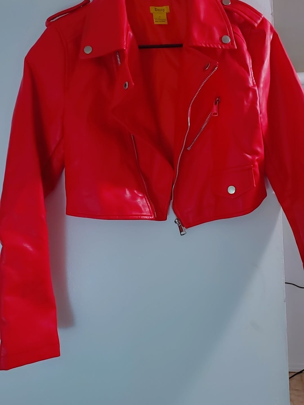 Daisy Bright Red Cropped Moto Jacket with Silver Hardware